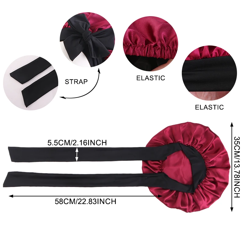 2PCS Women Satin Bonnet with Ribbon Headband Silk Feel Sleep Cap Elastic Hair Wrap Night Hat for Curly Hair Sleeping Beauty