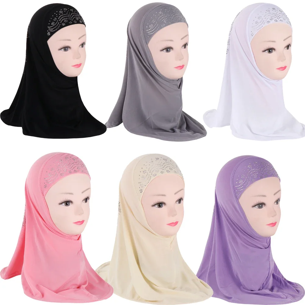 Children Hijab Kids Girls One Piece Amira Diamonds Flower Turban Muslim Headscarf Islamic Ready To Wear Head Wrap Hat 2-6 Years