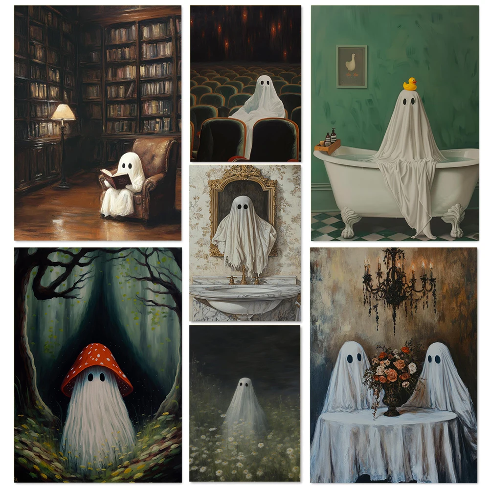 Retro Dark Academy Gothic White Ghost Poster Halloween Canvas Paintings Wall Art Pictures Home Living Room Bedroom Decor Gift