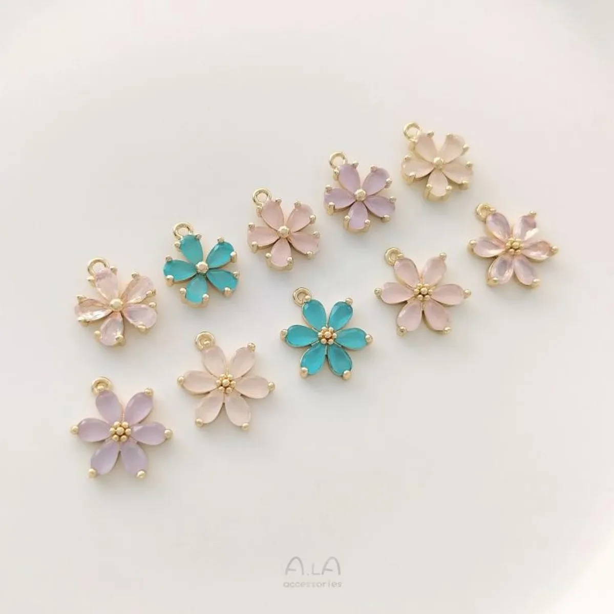 Brass 14K Gold Plated Anti-tarnish Color CZ Daisy Peach Blossom Mini Flower Charms DIY Bracelet Earring Findings