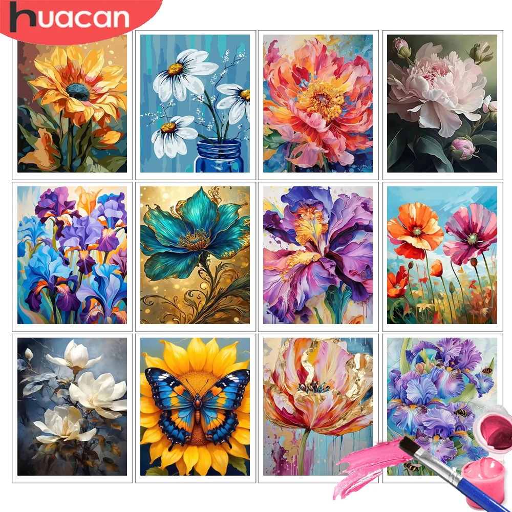 HUACAN Malen nach Zahlen Sonnenblume Geschenk für DIY-Wandset zum Zeichnen auf Leinwand Iris Blumenmotive Heimdekoration Handgemalte Sets