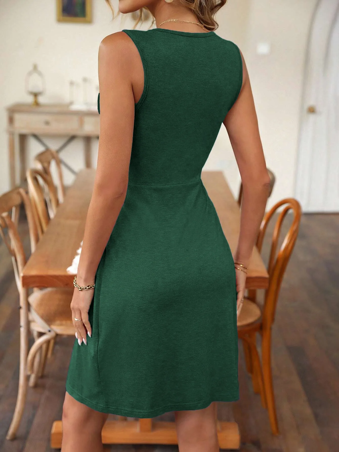 فستان نسائي أنيق من فيستدوس بلون سادة بدون أكمام بدون أكتاف ورقبة على شكل حرف V ملابس منزلية صيفية مثيرة ونحيفة للعطلات والحفلات المسائية #6