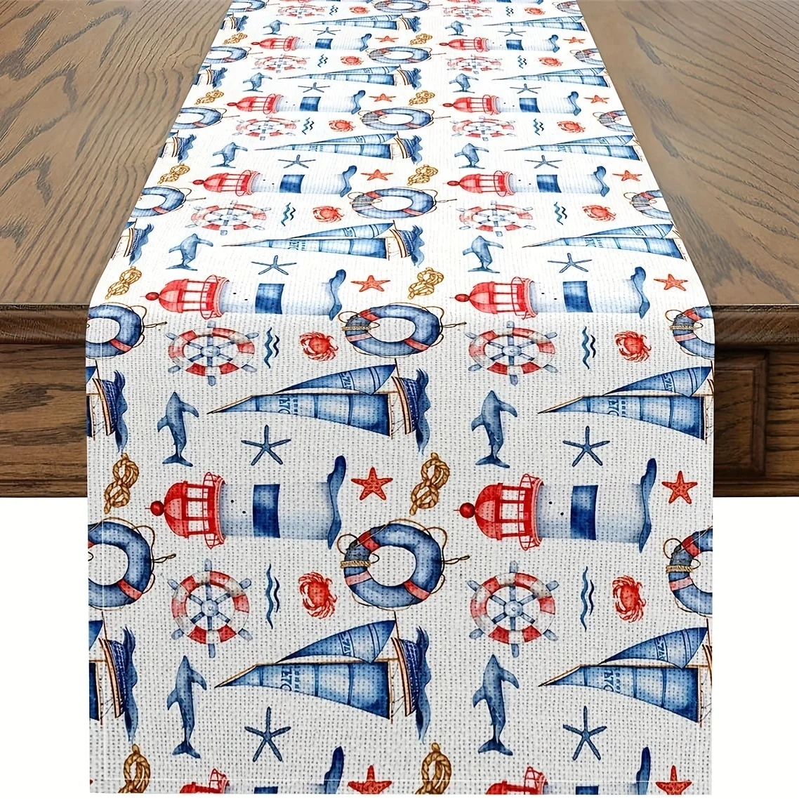 

Nautical Linen Table Runner - Blue Red Lighthouse Sailboat Whale Design, Kids Meals/Parties Coastal Decor