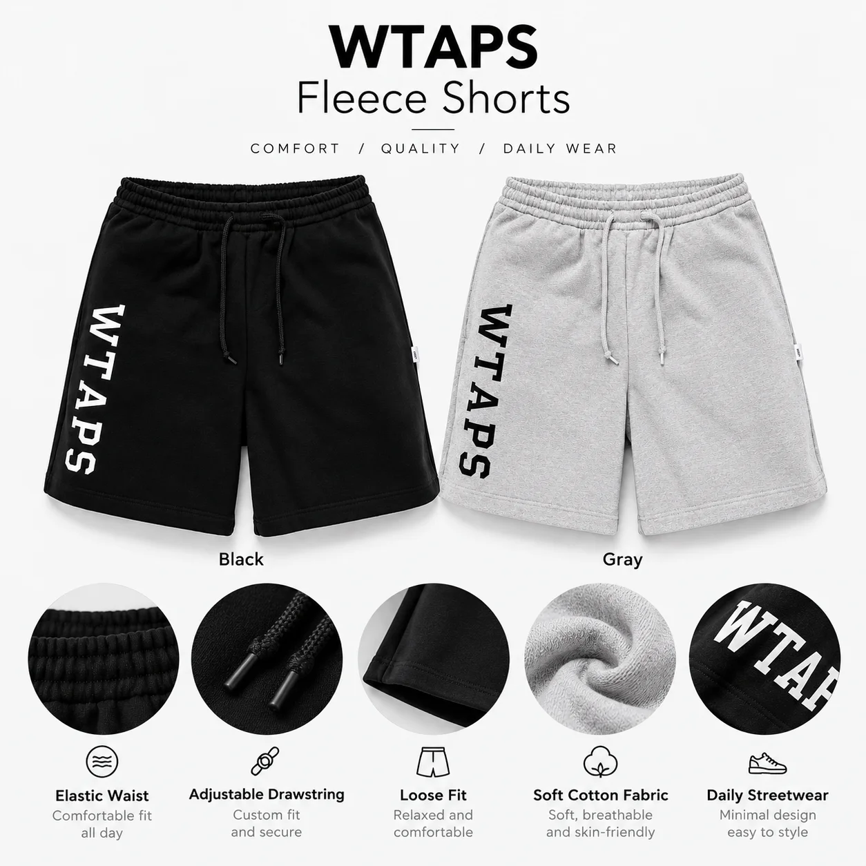 WTAPS Summer Cotton Shorts Men Oversized Casual Sports Short Pants Japanese   Style Elastic Waist Drawstring Loose Fit Bermudas