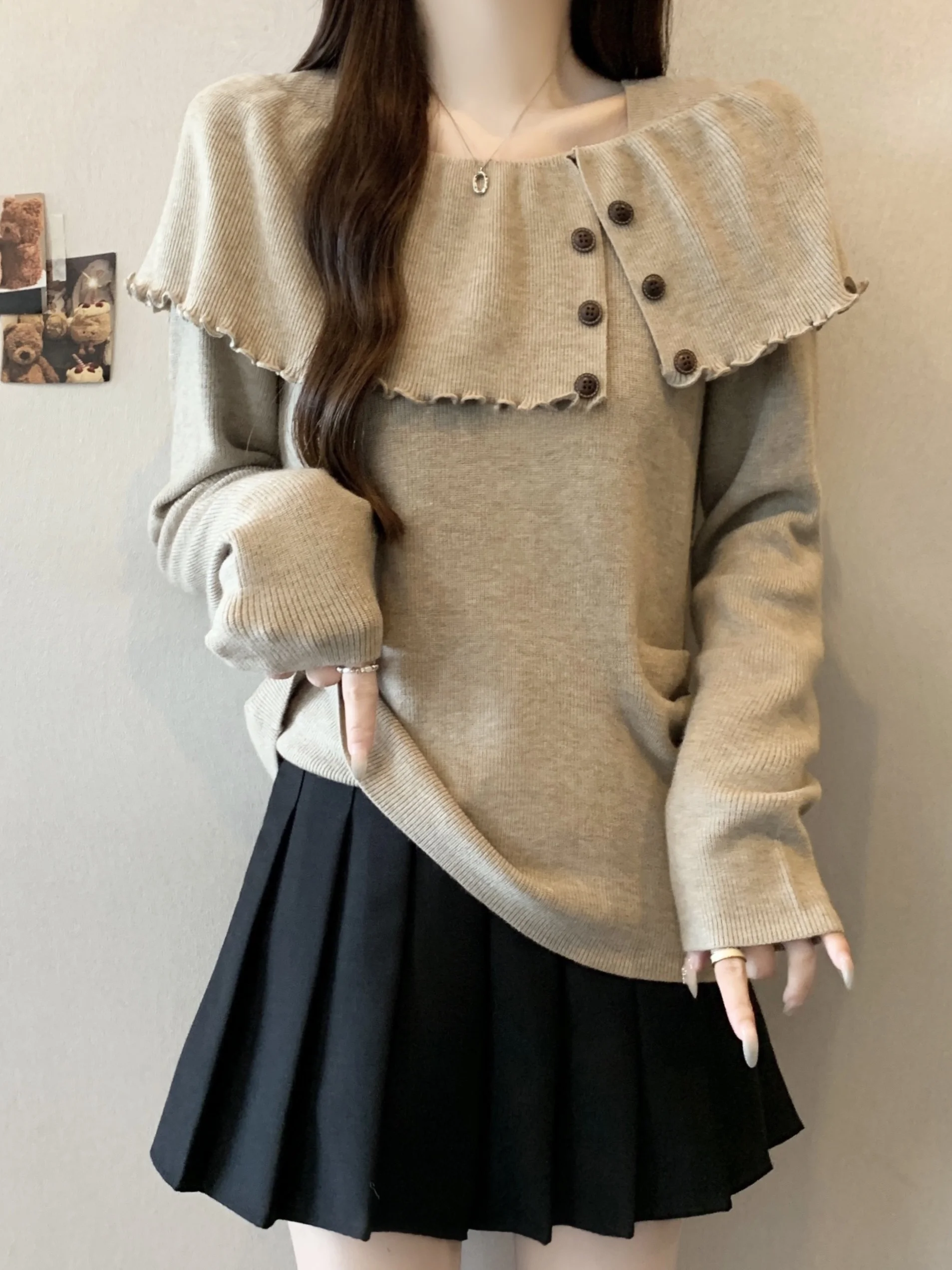 

plus Size Knitted Long Sleeve One Shoulder Square Collar Women's Base Shirt Slimming Top French Style High Waist A-Line Skirt