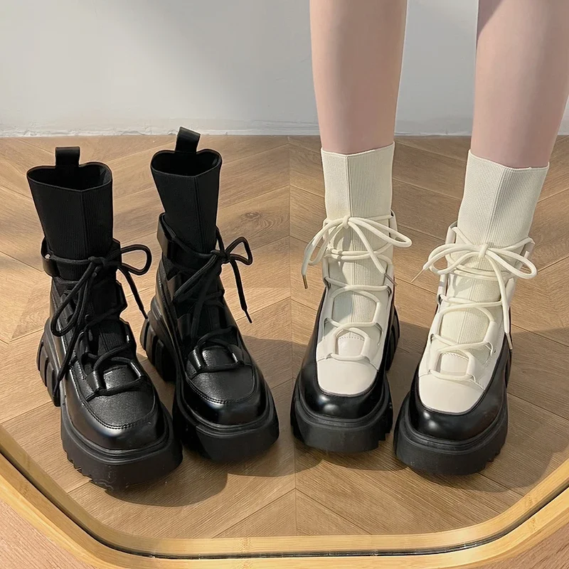 

Fashion Trend Women's Boots 2024 Autumn/Winter New Korean Edition Fashion Round Head Lace Knitted Casual Women's Boots