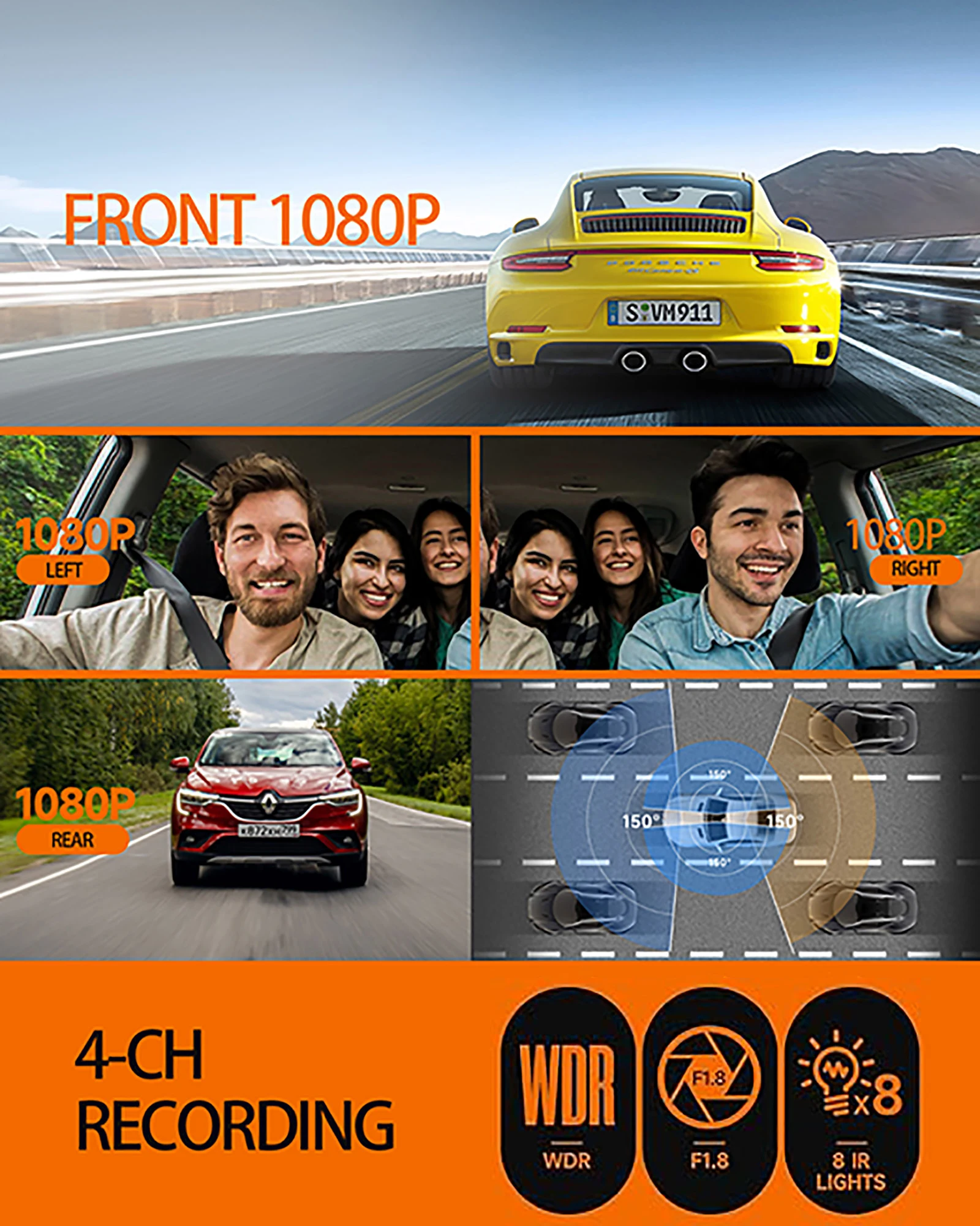 Cámara para Coche HUPEJOS V60-4CH 4K+1080P, Visión Nocturna Superior, Control por Voz, WiFi y GPS Integrados de 5 GHz, Modo de Estacionamiento 24H, DVR para Coche