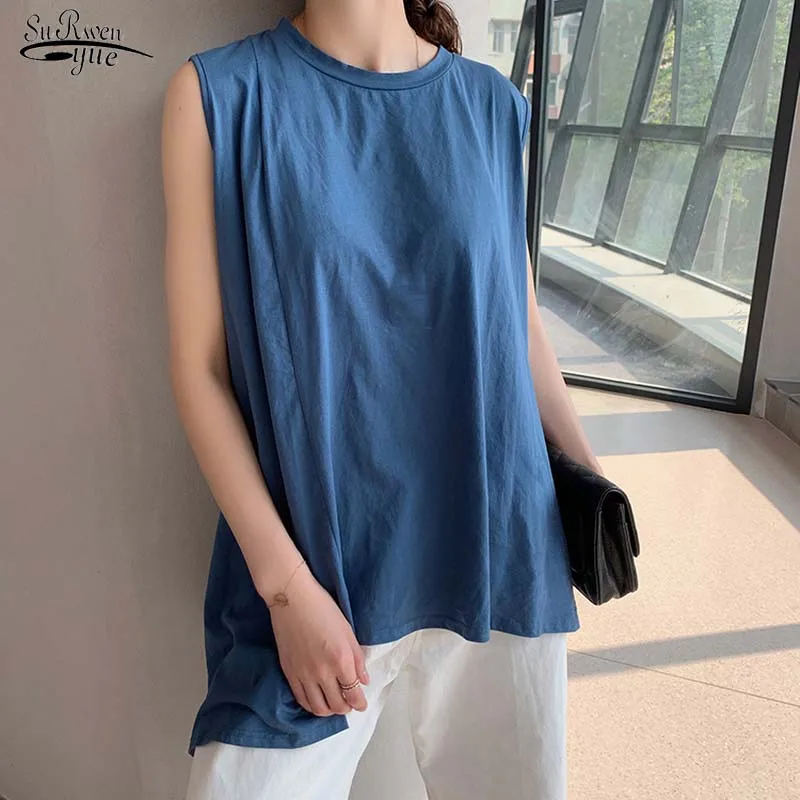 

Women Summer New 2022 Sleeveless Loose Blouse Casual Round Neck Female Pullover Tops Elegant Solid Shirt Blusas Streetwear 19645