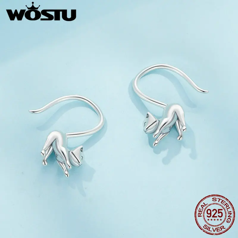 WOSTU 925 Sterling Silver Kitty Earrings Animal Pet Series For Women Girl Ear buckles Original Jewelry Gift Party Perfect Gift