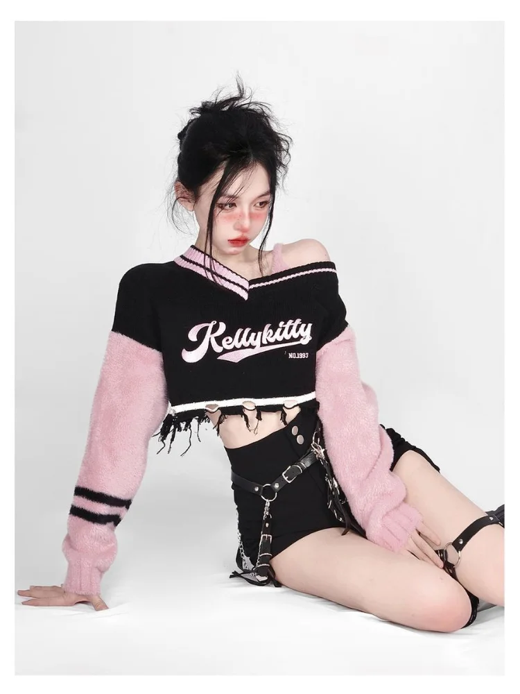 Off Shoulder Patchwork Pullovers Vintage Tassel Letter Embroidery Knit Jumpers Grunge Long Sleeve Sweater Streetwear Gothic Tops