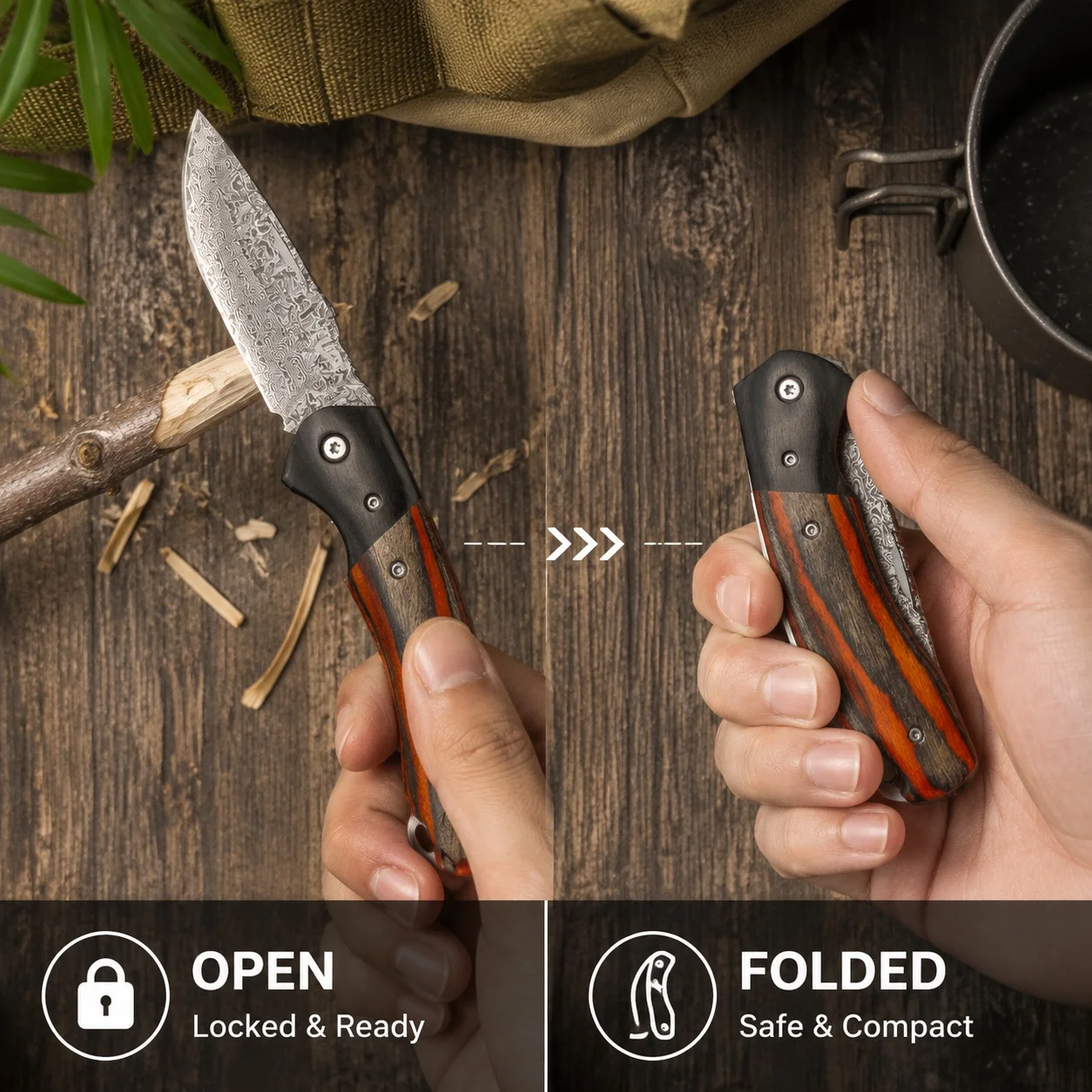 Damascus Steel Folding Pocket Knife - Razor Sharp Blade For Fruit, Camping | Thickened Anti-Slip Handle, Portable Mini Knife