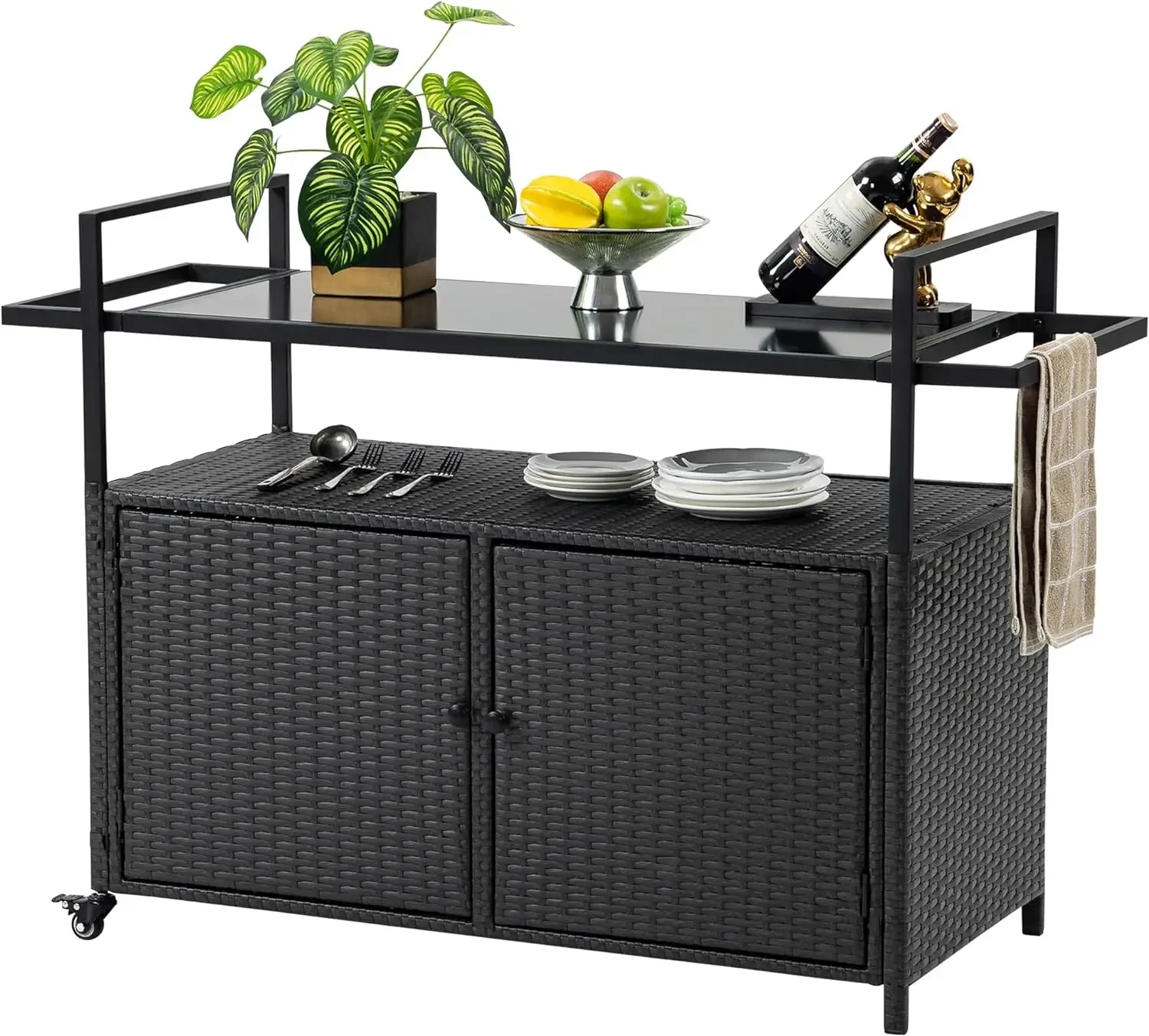 

Outdoor Bar Cart with Storage Cabinet - BBQ Grill Carts w/ Wheels - Waterproof Wicker Patio Bar Console Table for Kitchen Island