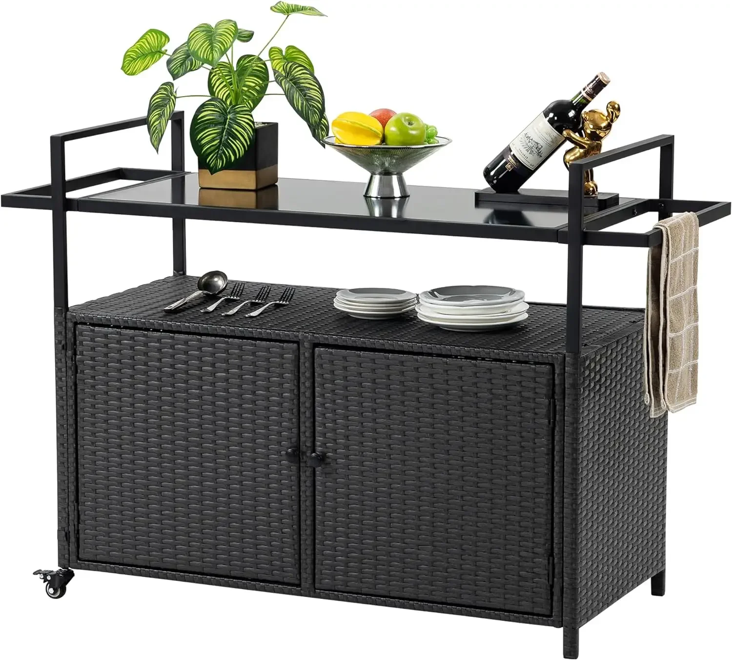 Carrinho de bar ao ar livre com armário de armazenamento, BBQ Grill Carts, Bar de vime impermeável, Console Table for Kitchen Island