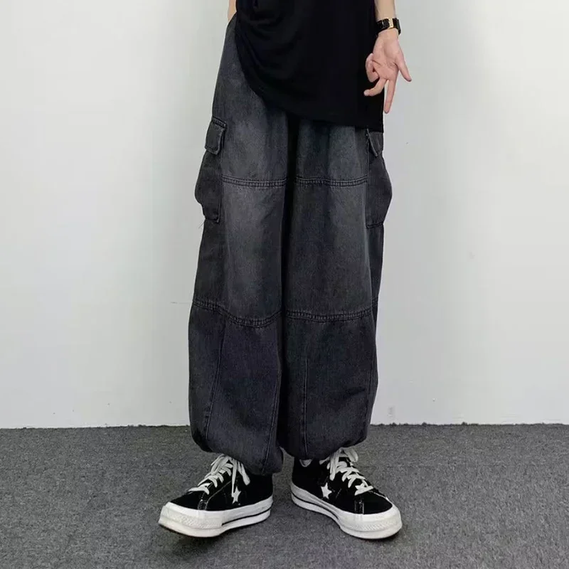 Mężczyźni New Street Vintage Jeans Męskie kombinezony z szerokimi nogawkami i dużymi kieszeniami Y2K Neutralne luźne proste nogawki Casual High Street Hip Hop Pants