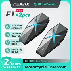 ASMAX F1 Motosiklet İnterkom, Mesh Motosiklet kaskı intercom,Kulaklık Bluetooth BT5.3, 10 motosiklet sürücüsü için 1800m menzilde interkomları destekler, yapay zeka ses kontrolü ve IP67 su geçirmezlik