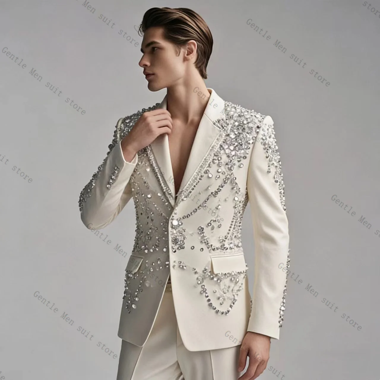 Groom White Men Suit Set 2 Pcs Crystals Blazer+Pants Trousers Wedding Tuxedo Formal Office Business Jacket Coat Customized
