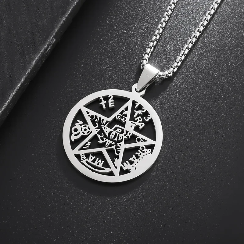 Jewish Hebrew Tetragrammaton Wicca Pentagram Pendant Stainless Steel Necklace for Men Women Religious Amulet Jewelry