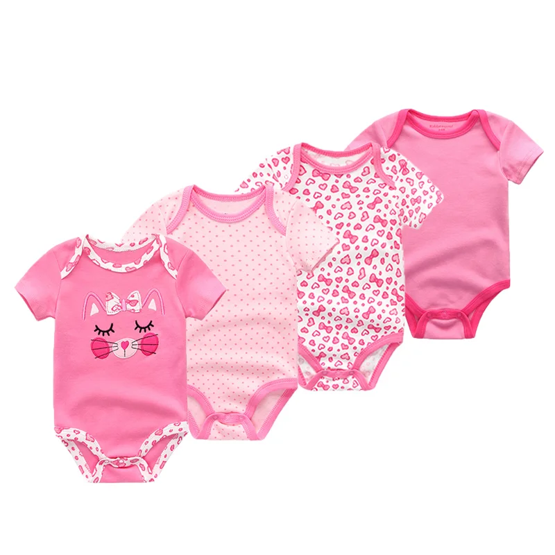 4Pcs 0-12M Cute Cartoon Print Short Sleeve All Season Soft Breathable Cotton Unisex Newborn Baby Bodysuit Romper Set