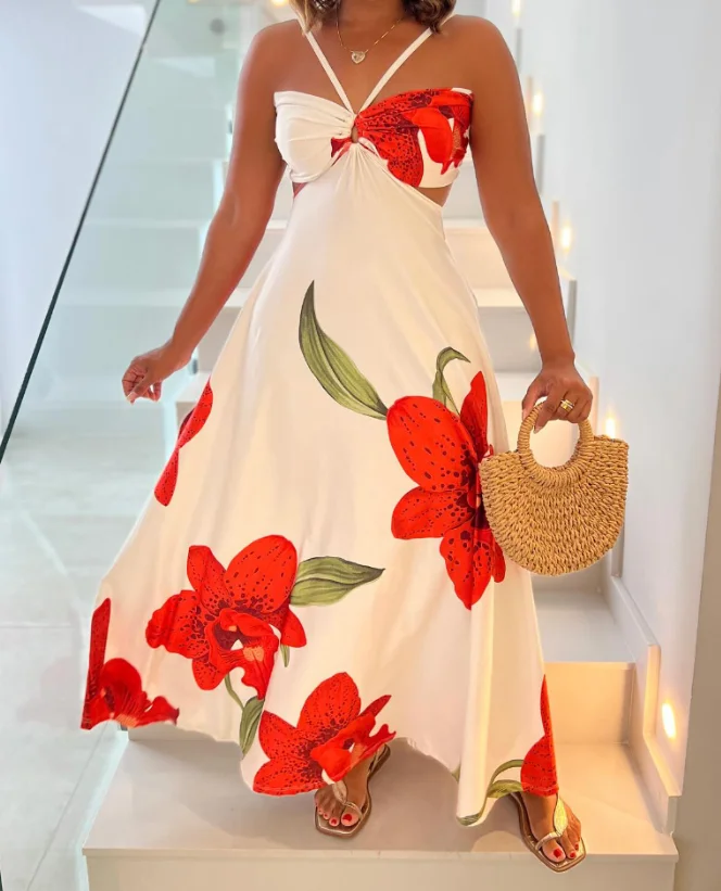 

Printed off shoulder sleeveless hollow out front skirt, casual hollow out waistband long skirt, fashionable summer new style