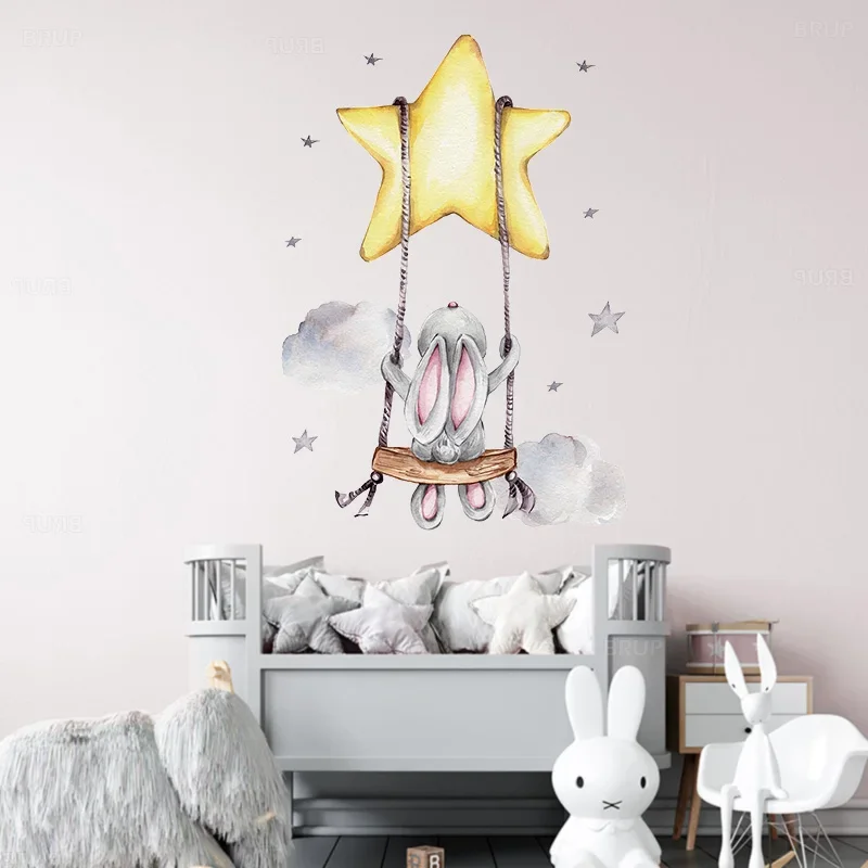 New Bunny Baby Nursery Wall Stickers Cartoon Rabbit Swing on the Stars Wall Decals for Kids Room PVC Removable Stickers PVC DIY