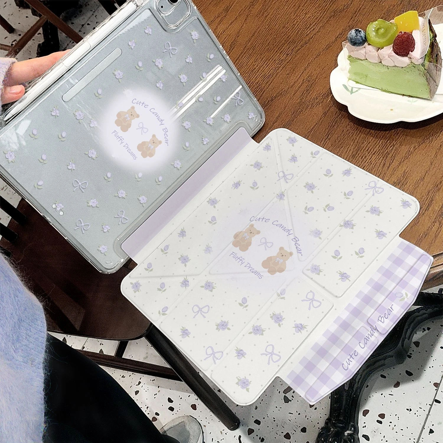 Cute Bear Purple Floral Table Case For iPad Pro 11 12.9 13 A16 M2 M3 M4 M5 Shell 8.3 9.7 5/6/7/8/9/10/11th Air 3 4 5 Cover