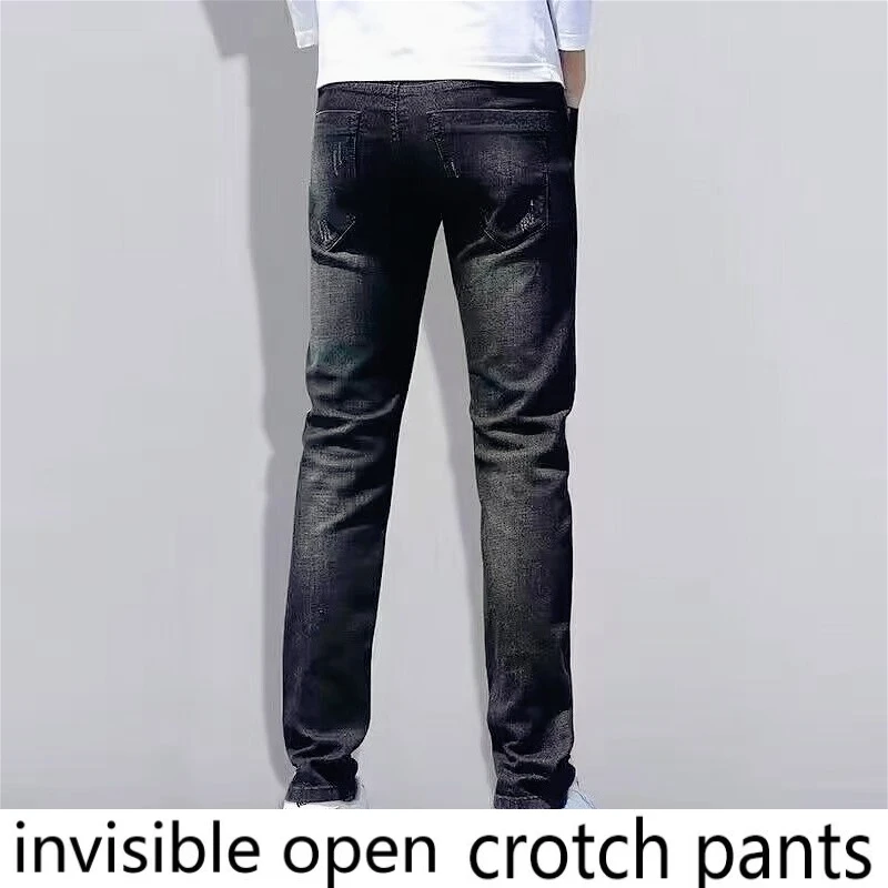 Invisible Zipper Open-crotch Pants, New Spring and Summer Denim Straight Elastic Middle-aged and Young Men's Pants Baggy Jeans
