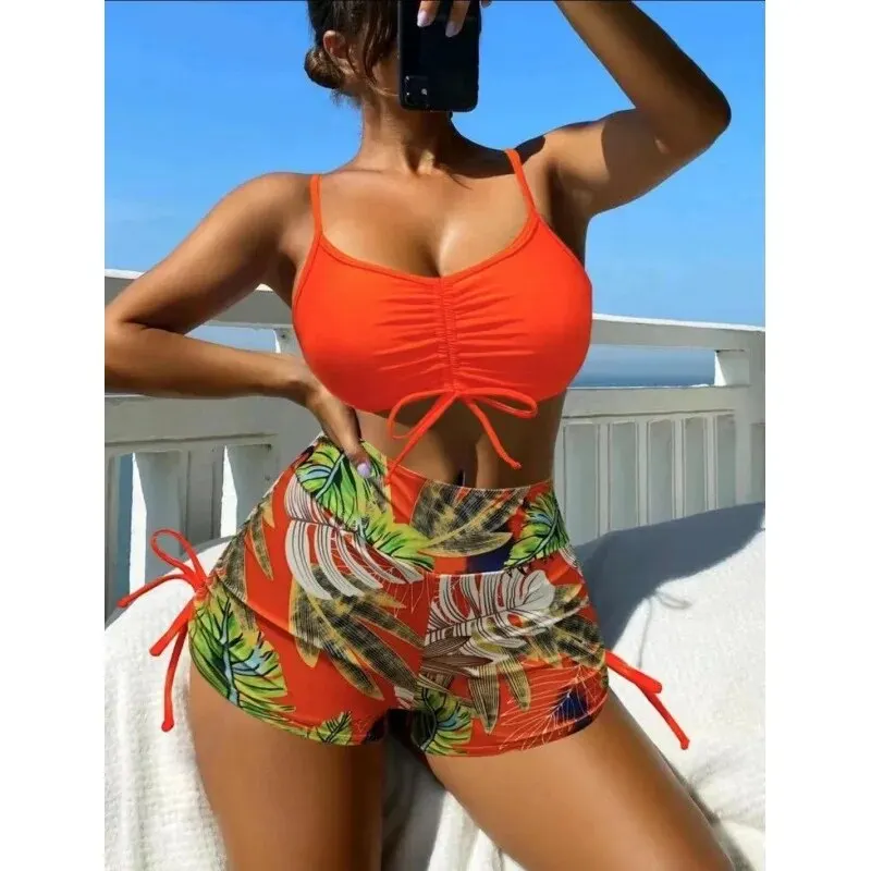 New Large Size Fashion Leaf Print Split Swimsuit Feminine Sling Boxer Conservative Meat-covering Beach Swimsuit