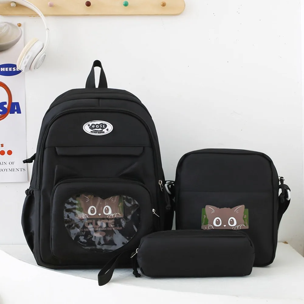 3pcs/set Nylon Transparent School Backpack Waterproof Pencil Bag Students Ita-bag Stationery Storage Large Capacity