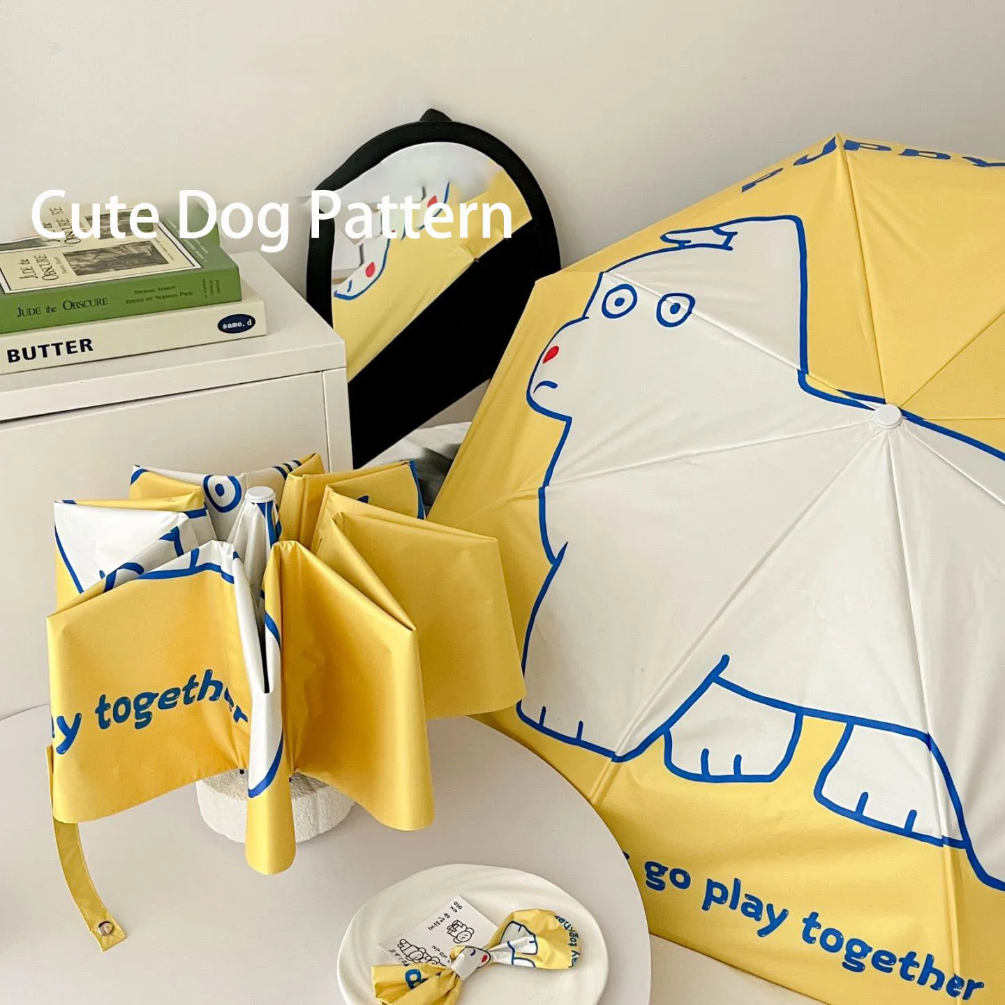Mini-Sonnenschirm, für Outdoor-Reisen, mit Hundemuster, faltbarer Regenschirm, schützt vor Sonne und UV-Strahlen, kompakt und tragbar.