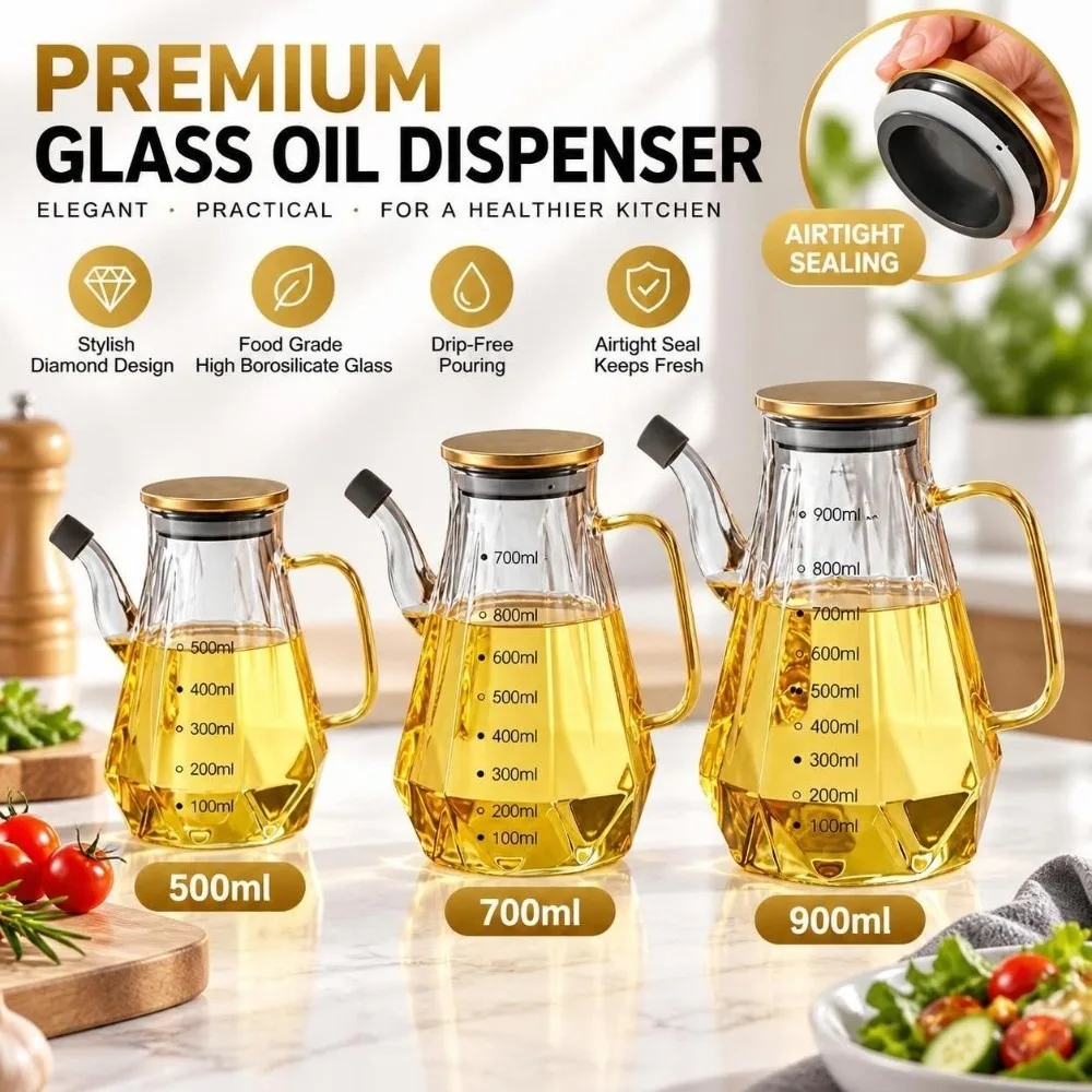 Borosilicate Glass Oil Dispenser with Scale Diamond Cut Clear Glass Oil Bottle with Handle Non Drip Kitchen Oil Container