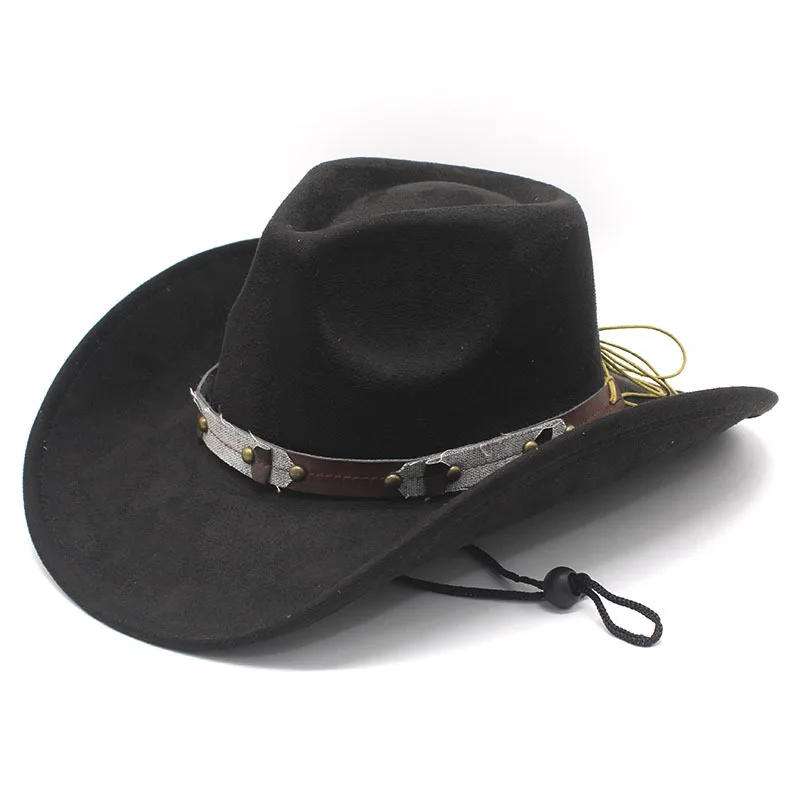 Ethnic Style Curved Brim Fedora Western Cowboy Hat Tibetan Style with Windproof Rope for Men and Women Sun Protection Hat