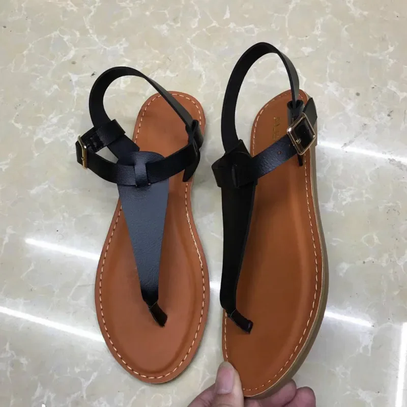 2024 Beach Sandals Women Summer Shoes Flat Heel Open Toe Flip Flops Buckle Leather Sandal Solid Yellow Large Size 37-41