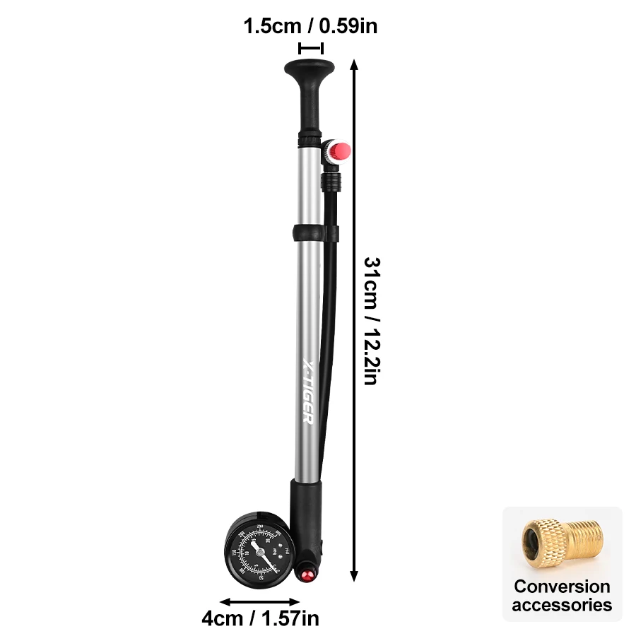 X-TIGER Portable High-pressure 300psi Bike Air Pump with Gauge for Fork & Rear Suspension Shock Absorber Mountain Bike Universal