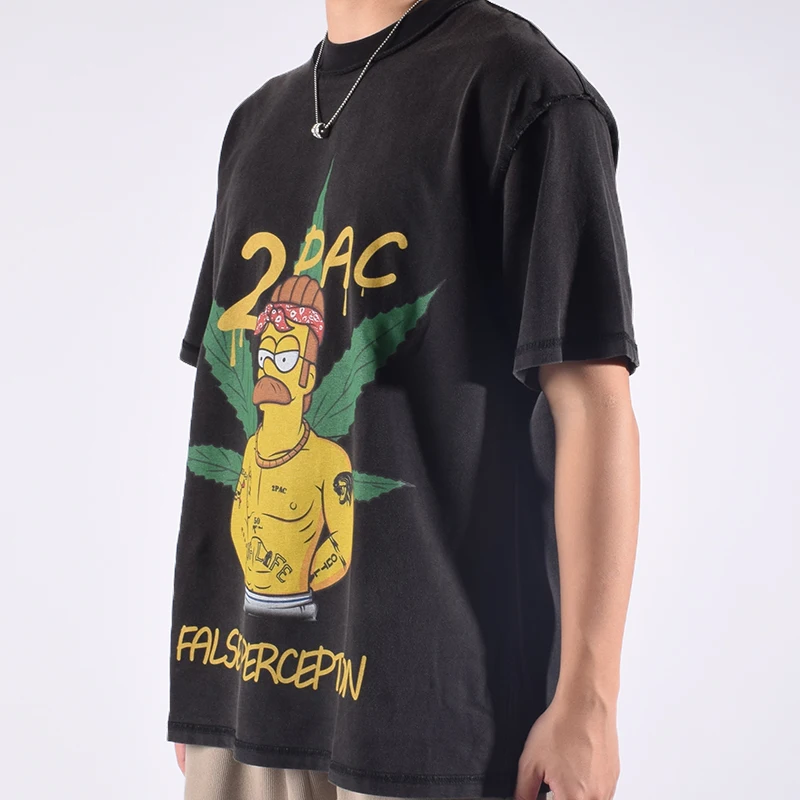 New 2Pac Anime Character Casual American High Street Pop Vintage Wash Oversize Pure Cotton VTG Short sleeved T-shirt for Men