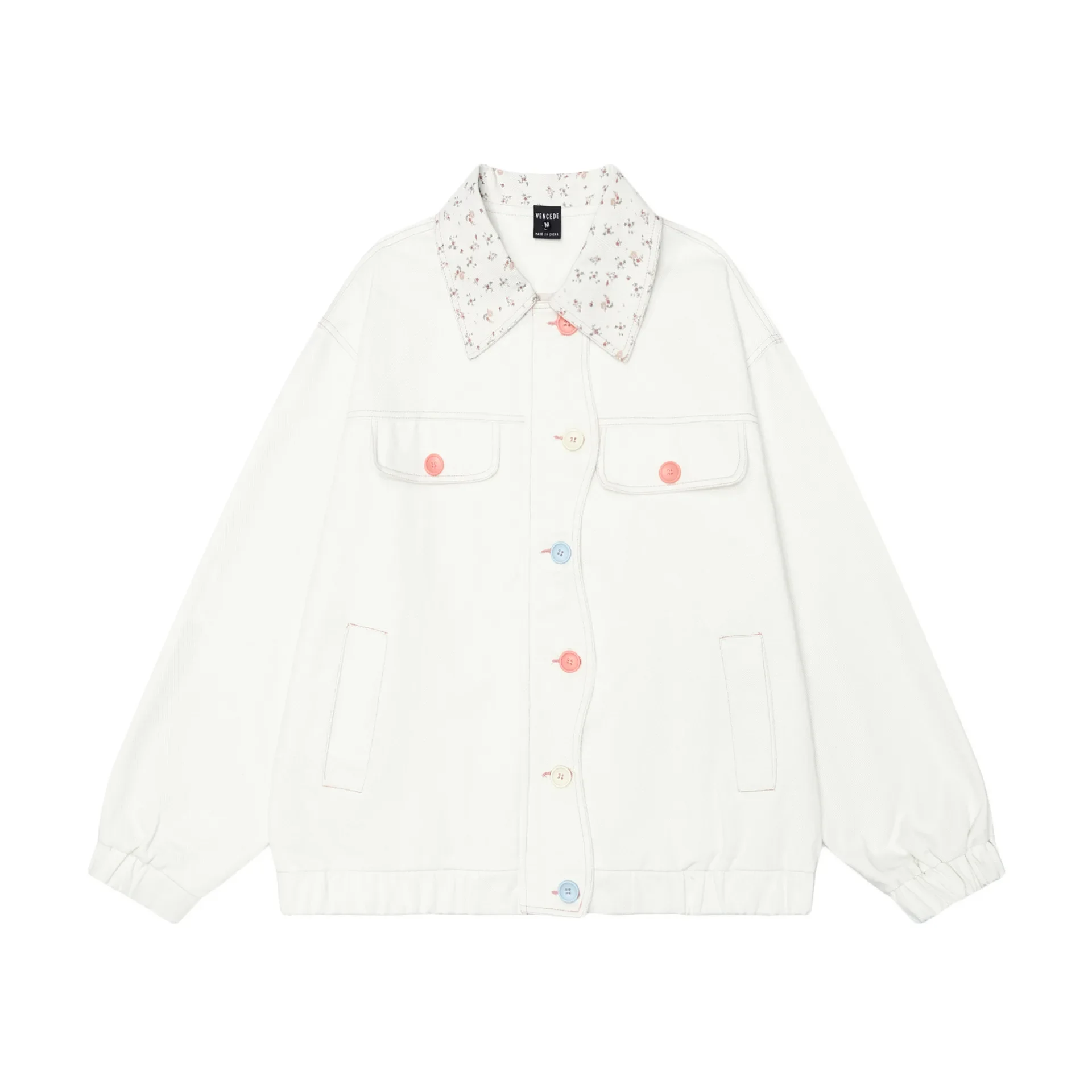 Loose Streetwear Retro Embroidered Jacket Outerwear Fashion Print Contrast Color Stitching Long Sleeve Top 2024 New Coat Women