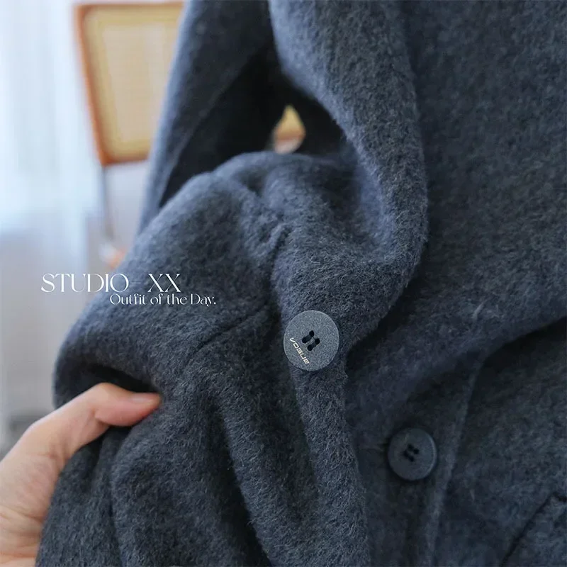 Korean blogger style! Penny-level double-sided wool, classic temperament gray silhouette medium long coat coat female winter