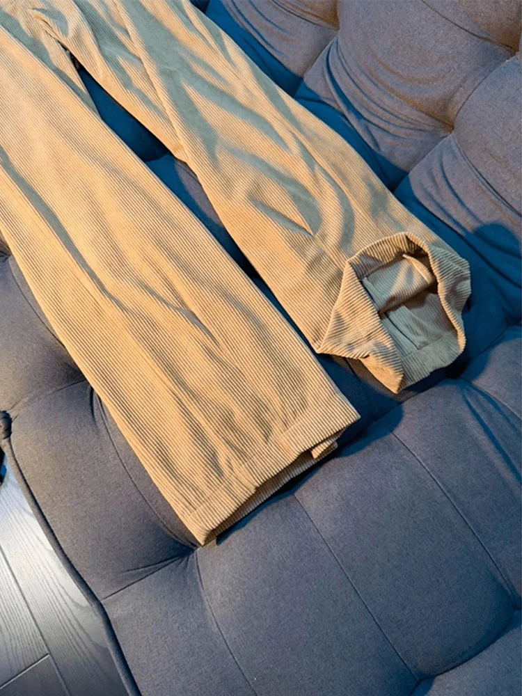 카키 코듀로이 남성 캐주얼 팬츠 가을 루즈 스트레이트 레그 텍스처 디자인 트렌디 하이웨이스트 롱 트라우저 패셔너블 스트레이트...