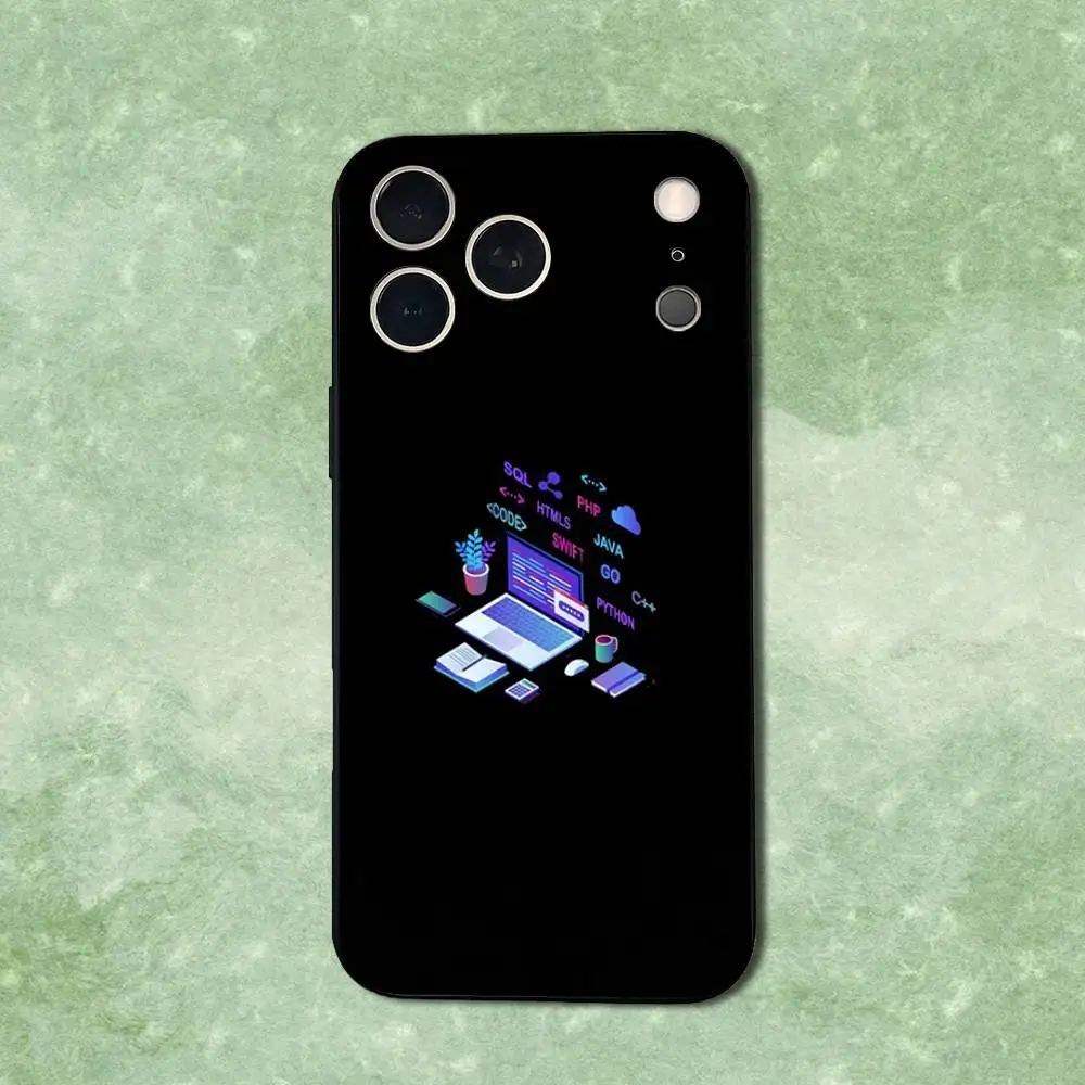 حافظة هاتف جافا فن البرمجة لهاتف آيفون 14,13,17,12,11,16,15,Plus,Pro Max,XS,X,XR,SE,Mini,Soft غطاء أسود من السيليكون