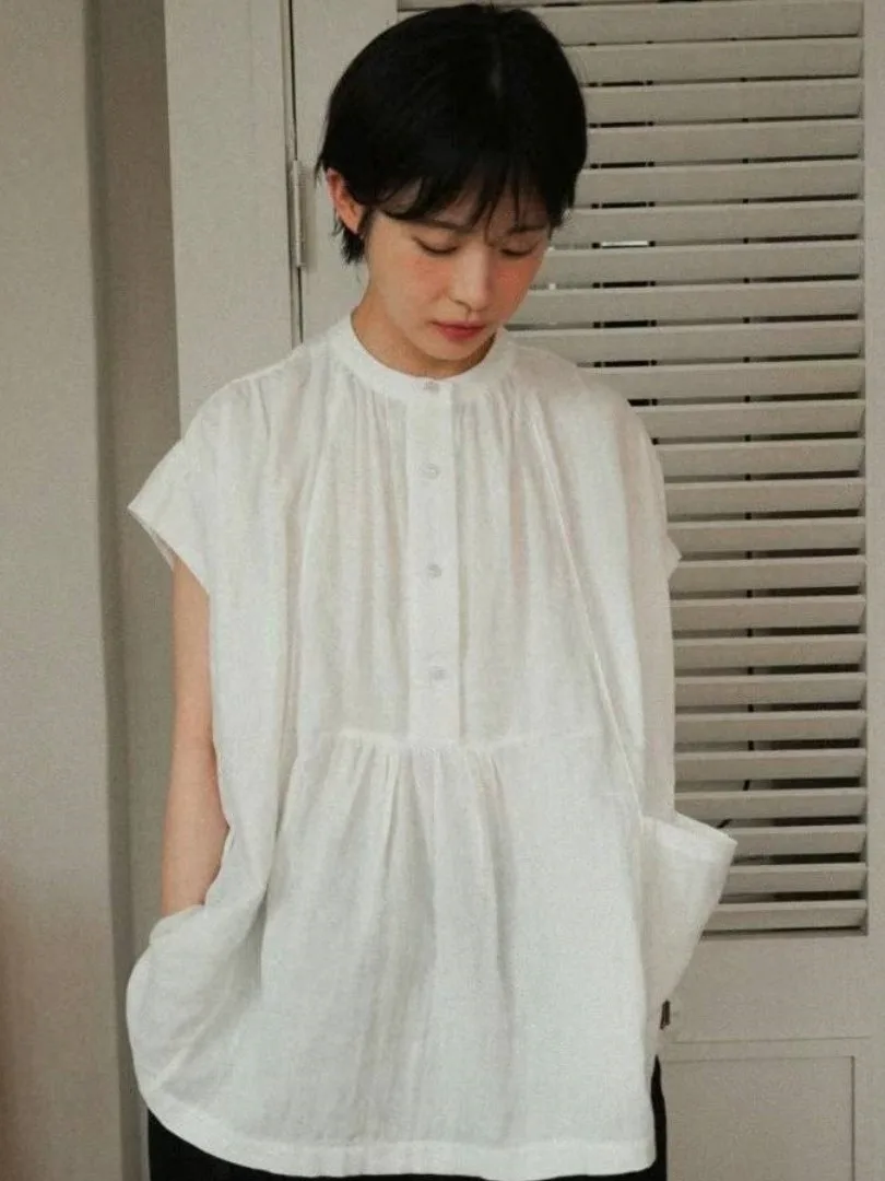 Elegancki, retro, japoński, luźny, swobodny top damski z okrągłym dekoltem, zapinany na guziki, idealny na wiosnę i lato.