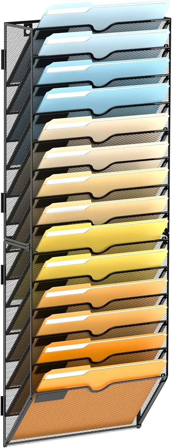 

14-уровневый сетчатый настенный органайзер для файлов, подвесная офисная стойка для журналов с держателем для почты черного цвета