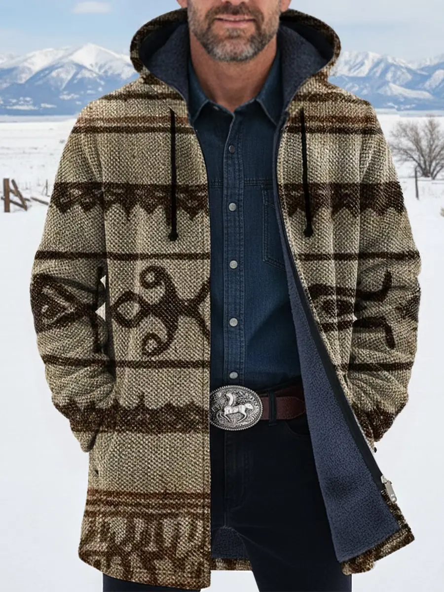 Retro Aztec 3D Printed Plush Thick Long-Sleeved Cardigan Coat Men's Thick Warm Jacket