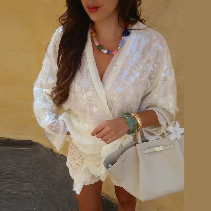 Chic V Neck Women's All Over Big Sequin Batwing Long Sleeve Blouse Drawstring Hem Sheer Loose Cover Up Top 2026 New Daily Outfit