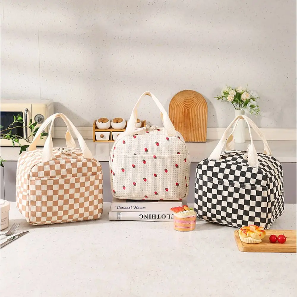 

Floral/Plaid Design Corduroy Lunch Bag Waterproof Handheld Picnic Food Pouch Multifunctional Reusable Portable Lunch Bag