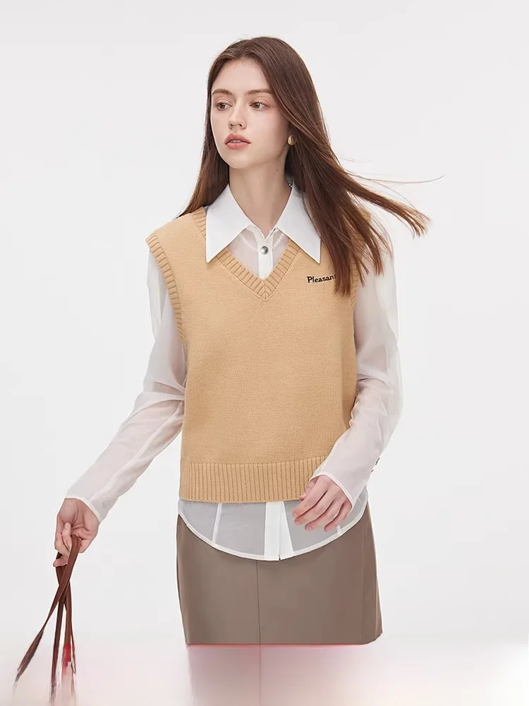 

Модный универсальный вязаный жилет из шерстяной смеси, женский топ, новинка 2025 года, белый, для повседневной носки, с V-образным вырезом, стандартной длины