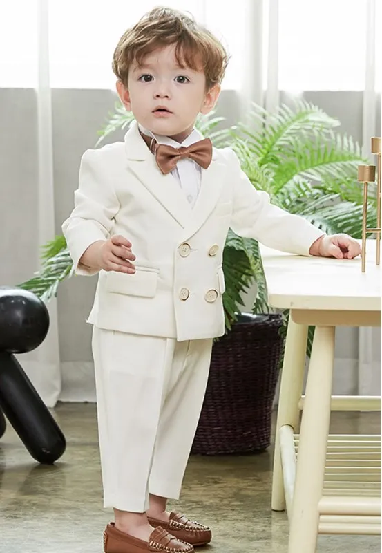 Gentleman Kids Summer White Photography Suit Children Jacket Pants Bowite 3PCS Performance Costume Baby Birthday Wedding Dress