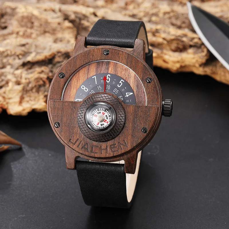

Creative Quartz Watch Men Compass Dial Bamboo Wooden Watches with Leather Strap Fashion Male Clock Relogio Masculine Reloj