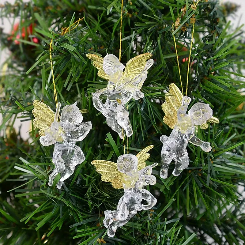 Christmas Angel Ornaments With Gold Christmas Tree Hanging Pendants Decorations Christmas Tree Angel Charm with Clear Gold Wings