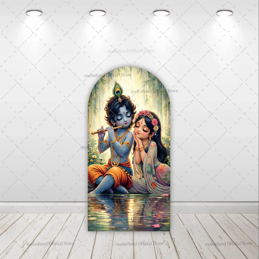 Mehofond Custom 2-Sided Background Yasodha and Krishna Peacock Kids Birthday Party Baby Shower Cover Chiara Arch Decor Backdrop