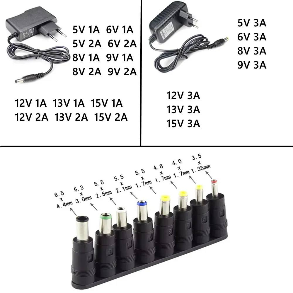 AC DC 110V - 220V Power Adapter Supply 5V 6V 8V 9V 12V 13V 15V 1A 2A 3A Universal Wall Socket With 8 Connect Maximum 5.5X2.5mm