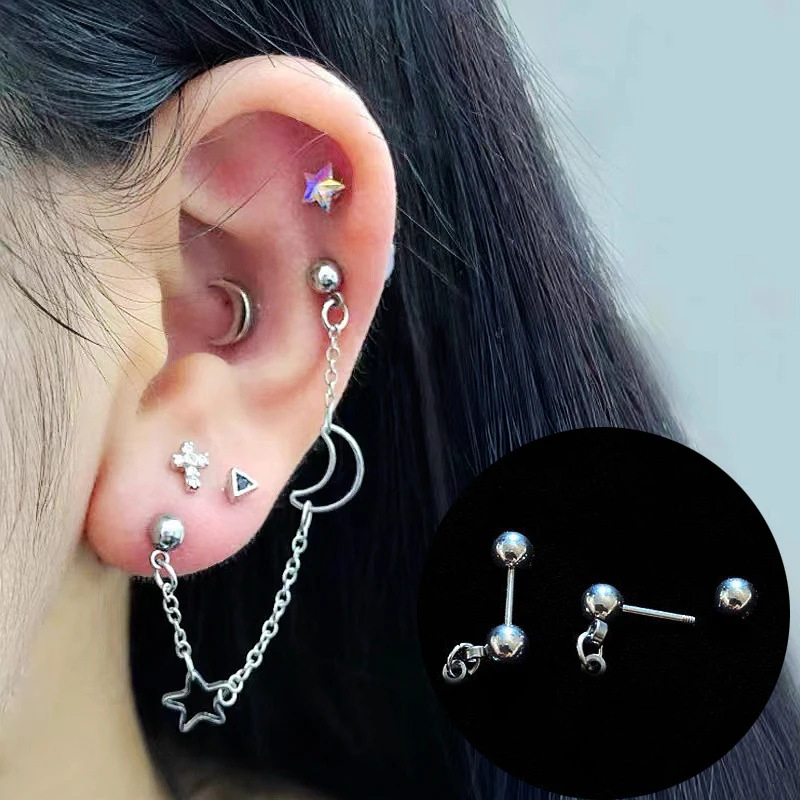 Stainless Steel Pierc Ears Stud Moon and Star Cartilage Earrings Helix Piercing 16g 20g Lobe Industrial Jewelry Korean Earings